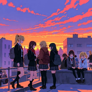 Anime Skolflickor Solnedgång Tak Indie Estetik