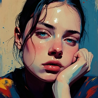 Bored and cool girl leaning on hand with wet black hair, striking blue eyes, and glossy lips in indie aesthetic portrait