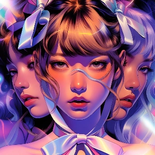 Coquette aesthetic ribbons and bows on dreamy triple-faced girl with glowing eyes and iridescent hair