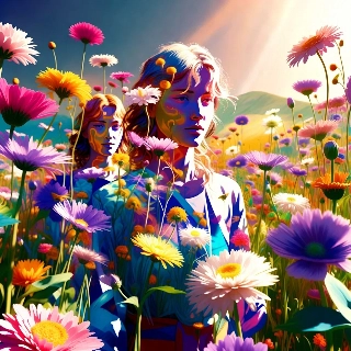 Cottagecore Girl in Flower Field Soft Sun Glow