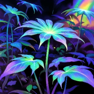 Bioluminescent plants glowing in ethereal blue and green hues, evoking a mysterious and serene indie vibe for profile pictures