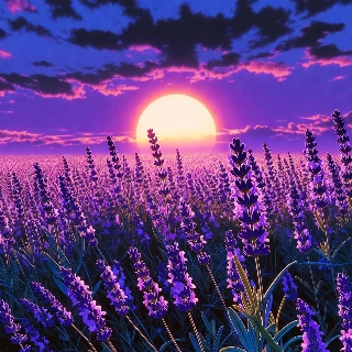 Illustrazione di un campo di lavanda con tramonto viola in stile indie.