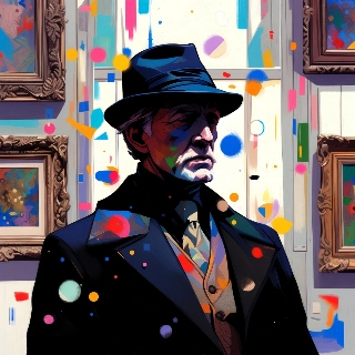 Art collector gallery background featuring a sophisticated gentleman in a fedora, exuding mysterious indie aesthetic vibe with vibrant abstract elements.