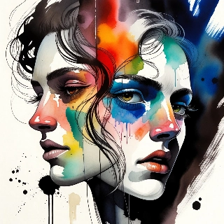 Ink wash painting traditional Asian style profile of a mysterious woman with dual expressive faces in vibrant watercolor hues