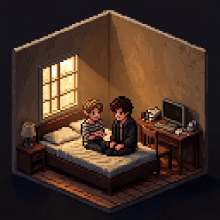 Izometrický pixelový útulný Lo-Fi pokoj