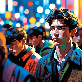 Lonely Indie Guy in Neon Crowd Cinematic Bokeh