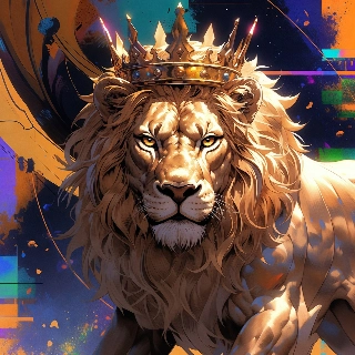 Majestic lion golden crown king with fierce yellow eyes and regal vibe in vibrant indie aesthetic digital art
