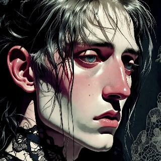 Gothic chic black lace mysterious profile picture of ethereal androgynous figure with wet silver hair and piercing blue eyes exuding enigmatic vibe