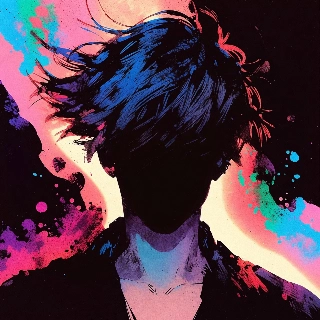 Mystery silhouette face in shadow with flowing blue hair and vibrant color splashes, capturing an enigmatic indie vibe
