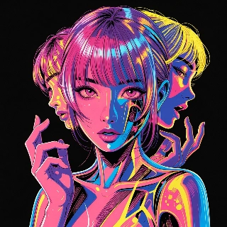 Neon Glowing Multi-Faced Indie Girl Line Art