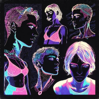 Neon line art glowing on black featuring ethereal androgynous profiles with vibrant pink and blue hues, evoking a mysterious indie vibe