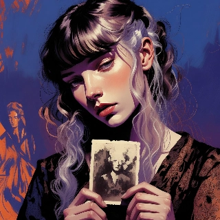Nostalgic vibe holding old photo, indie aesthetic girl with silver hair and melancholic gaze