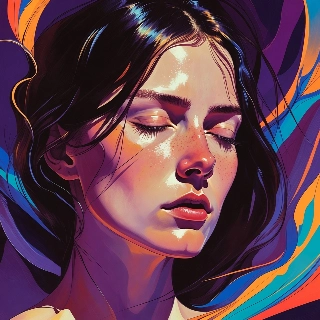 Peaceful meditation closed eyes portrait of a serene woman with freckles and flowing dark hair in vibrant indie aesthetic style