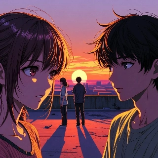 School Life Anime Sunset Rooftop Couple Indie Aesthetic