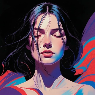 Peaceful meditation closed eyes portrait of serene woman with flowing dark hair in vibrant indie aesthetic