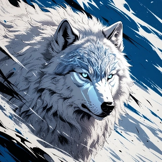 Snow wolf with piercing icy blue eyes in winter indie aesthetic, fierce mysterious vibe for profiles