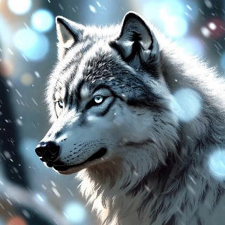 Snow wolf with icy blue eyes in winter snowstorm, fierce indie aesthetic vibe for mysterious profile pictures