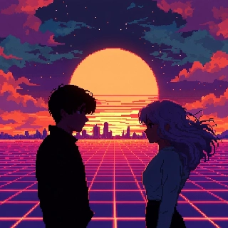 Synthwave-solnedgangspar i pikselkunst