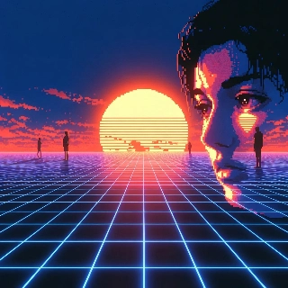 Synthwave sunset pixel art PFP showing a melancholic face with teary eyes over neon sungrid floor and silhouettes