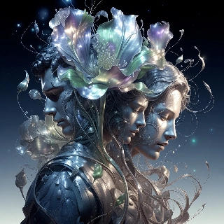 3D abstract sculpture metallic profile of ethereal male and female faces intertwined with shimmering blue and purple flowers, evoking serene mystical vibe