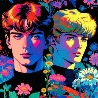 90s retro anime grainy aesthetic PFP of two mysterious young men with blue eyes and contrasting hair amid colorful flowers