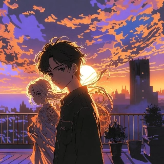 School life anime sunset rooftop PFP with thoughtful boy and serene blonde girl sharing nostalgic vibe