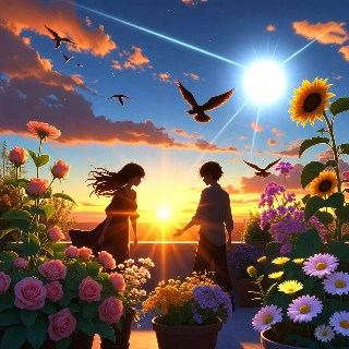 Anime School Couple Sunset Rooftop Flowers