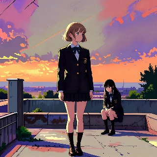 Anime Schoolgirls Sunset Rooftop Aesthetic