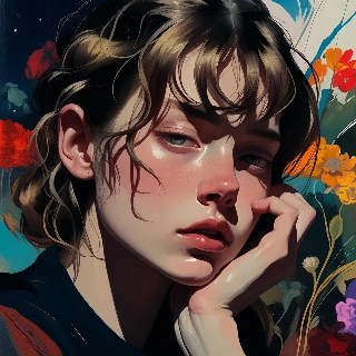 Bored Cool Girl Leaning Hand Flowers Aesthetic Art
