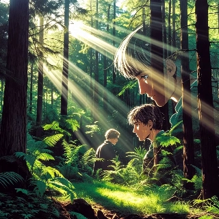 Deep forest light rays through trees highlighting two contemplative anime boys with serene and introspective vibes