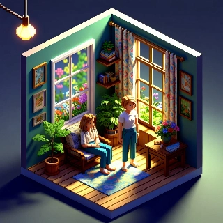 Isometric pixel room cozy lo-fi vibe with relaxed woman sitting amid plants and flowers by sunlit window