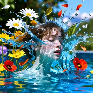Crystal Clear Water Splash Girl with Flowers Art