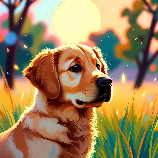 Cute golden retriever in sunny park gazes soulfully with joyful serene vibe in vibrant digital illustration