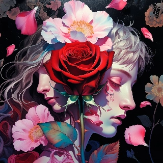 Red rose with thorns dark romantic profile picture featuring ethereal woman with silver hair and serene expression amid blooming flowers