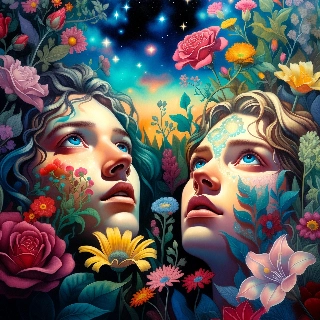 Dreamy eyes looking at stars in a vibrant floral portrait of a serene woman surrounded by blooming roses and night sky wonders
