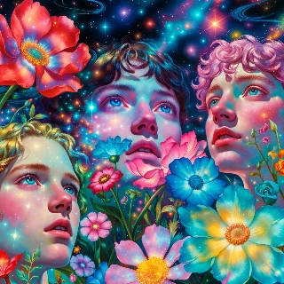 Dreamy Eyes Gazing at Stars in Floral Cosmos