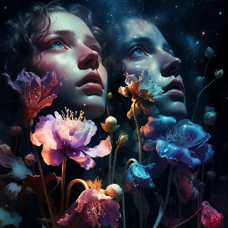 Dreamy eyes looking at stars in ethereal portrait of woman surrounded by vibrant peonies, evoking wonder and cosmic serenity