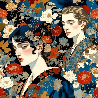 Ethereal Asian Figures in Ink Wash Floral Art