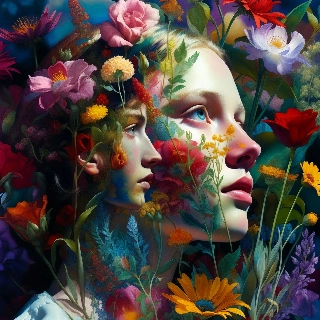 Double exposure nature and human portrait of serene young woman with blue eyes blended into vibrant flowers, evoking dreamy artistic vibe