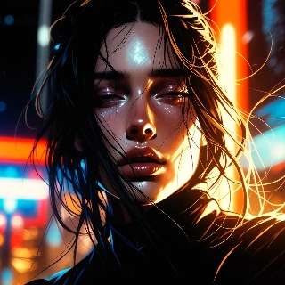 Exhausted but stylish city night PFP of a woman with tired eyes, wet black hair, illuminated by vibrant neon lights and urban glow.
