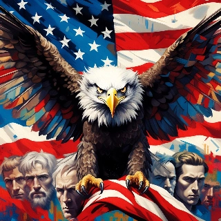 Bald eagle American flag theme PFP with fierce glare, wings spread clutching flag amid presidential faces, powerful patriotic vibe
