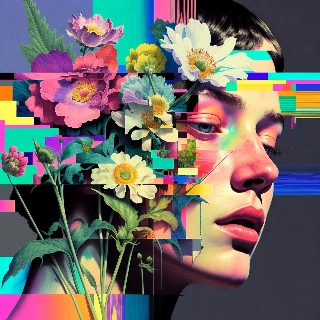ภาพเหมือนแนวศิลปะ Glitch Art ดอกไม้บนใบหน้า