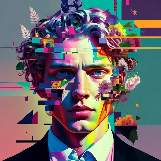 Glitch Art Portrait with Floral Nature Elements