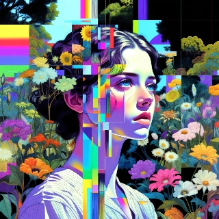 Glitch Art Woman in Floral Nature Aesthetic