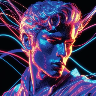 Glowing Neon Line Art Portrait of Intense Youth
