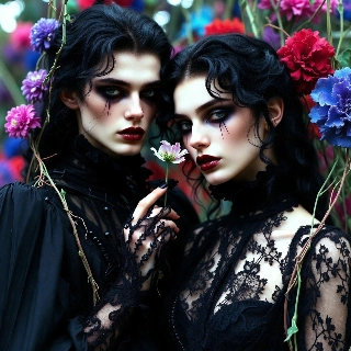 gothic chic black lace mysterious androgynous twins with dramatic smoky eyes holding flower in vibrant blooms