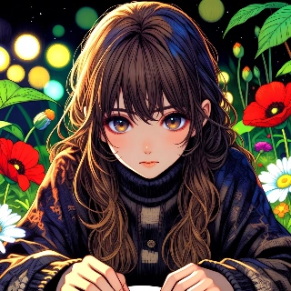 Lo fi anime girl studying night with focused contemplative vibe amid glowing poppies and bokeh lights