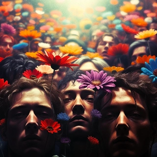 Lonely Faces in Vibrant Flower Crowd Cinematic Bokeh