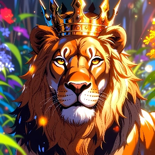 Majestic lion golden crown king with fierce golden eyes, regal mane, glowing floral nature background vibe