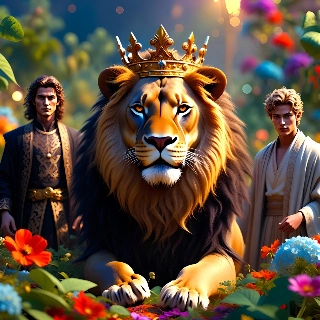 Majestic lion golden crown king profile picture, regal beast with intense gaze flanked by noble figures in vibrant flower garden, evoking royal power and serene beauty